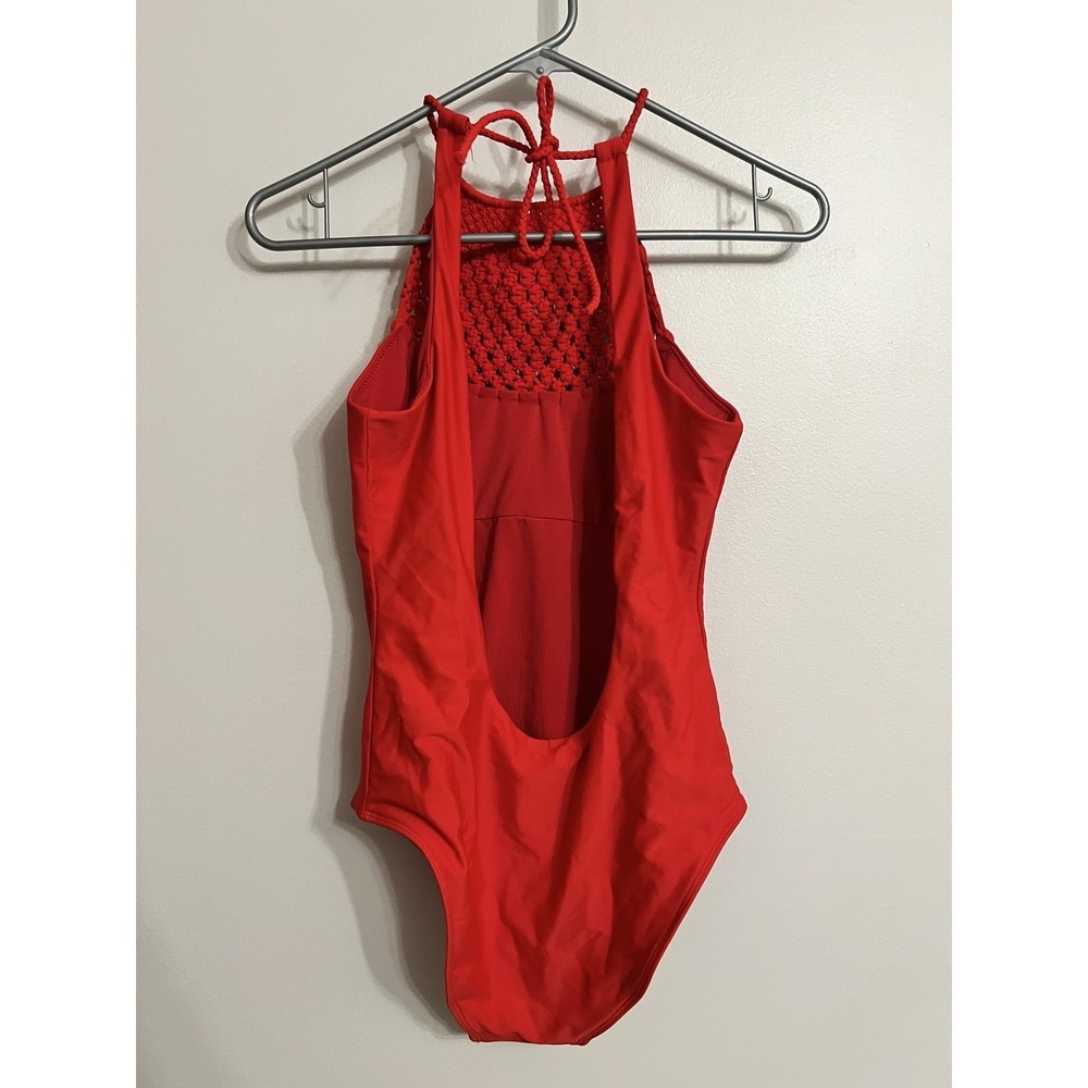 Aerie Womens One Piece Swimsuit Crochet High Neck Low Back Red Size Medium - Picture 6 of 6